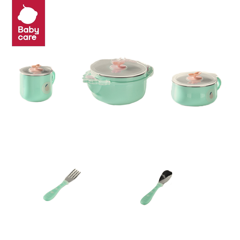babycare RWV007-05A【质量】儿童餐具套装保温碗婴儿碗耐热保温不锈钢吸盘碗婴儿餐具雀湖绿【五件套】
