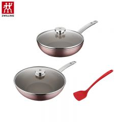 双立人（ZWILLING） ZW-EY106中式煎炒锅三件套 粉色 少油烟平底炒锅家用烹饪锅具