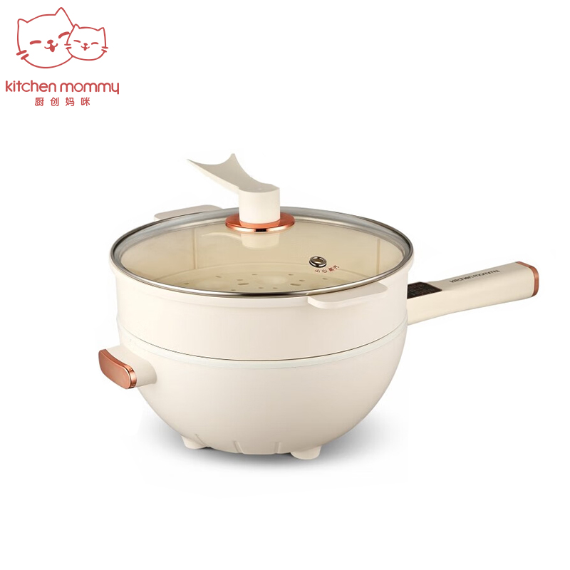 厨创妈咪（kitchen mommy） XL-8166A电炒锅 家用电火锅多功能4L容量一体电煮锅煎烤不沾电热锅 白色4升容量带蒸笼