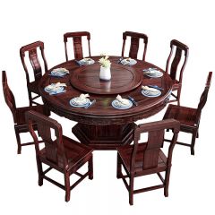 兮家 S808#全实木餐桌椅组合新中式圆桌家用饭桌1.8米餐桌配8椅+转盘 1800*1600*760