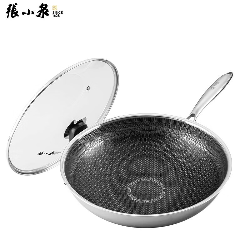 张小泉 C30630100超耐磨蜂窝不粘锅304不锈钢炒菜锅蜂窝不粘炒锅可立盖小康之家不粘炒锅32cm