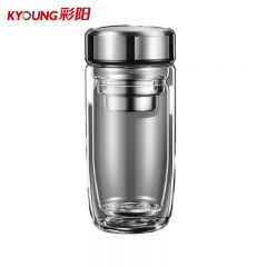 彩阳 银色双层玻璃杯耐高温茶水分离防爆玻璃杯 400m钢盖+304茶网【防炸裂】