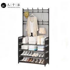 九千谷 多功能衣帽架简易鞋架门口卧室落地收纳架置物架挂衣服架子四层80*28*158黑色 6967