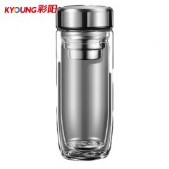 彩阳 银色加大双层玻璃杯耐高温茶水分离防爆玻璃杯 500m钢盖+304茶网【防炸裂】