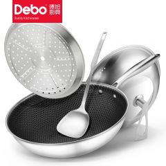 徳铂（Debo） 安东尼奥炒锅少油烟炒菜锅炒锅燃煤炉灶通用蜂窝不锈钢炒锅32cmDEP-726一口