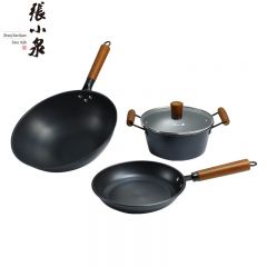 张小泉 韵味三件套家用锅具套装无涂层精铁炒锅煎锅汤锅