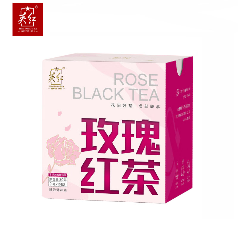 英红 玫瑰红茶30g 英德红茶 3g*10袋泡茶 女生花茶叶 平阴玫瑰花茶大朵一级 盒装