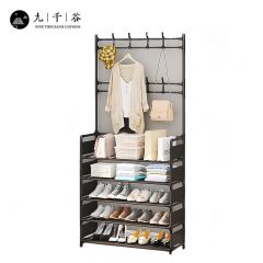 九千谷 多功能衣帽架简易鞋架门口卧室落地收纳架置物架挂衣服架子五层80*28*170黑色 6950