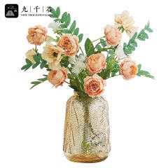 九千谷 树叶浮雕玻璃花瓶 玫瑰花富贵竹玻璃插花器酒店玄关客厅餐厅装饰摆件大号-咖色4818
