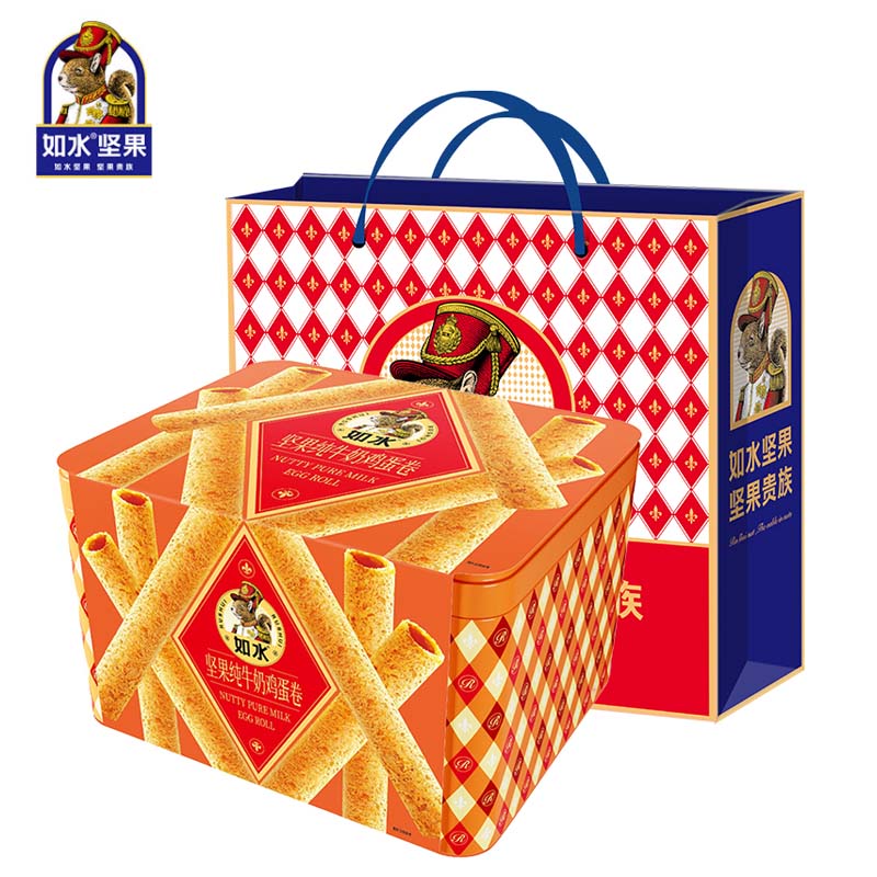 如水 饼干曲奇特产糕点 老年人休闲零食 铁盒装 红罐 坚果纯牛奶鸡蛋卷468g 盒