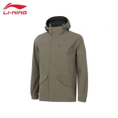 李宁（LI-NING） 防风防泼水男款开衫连帽运动风衣AFDT751-10菌菇褐L码