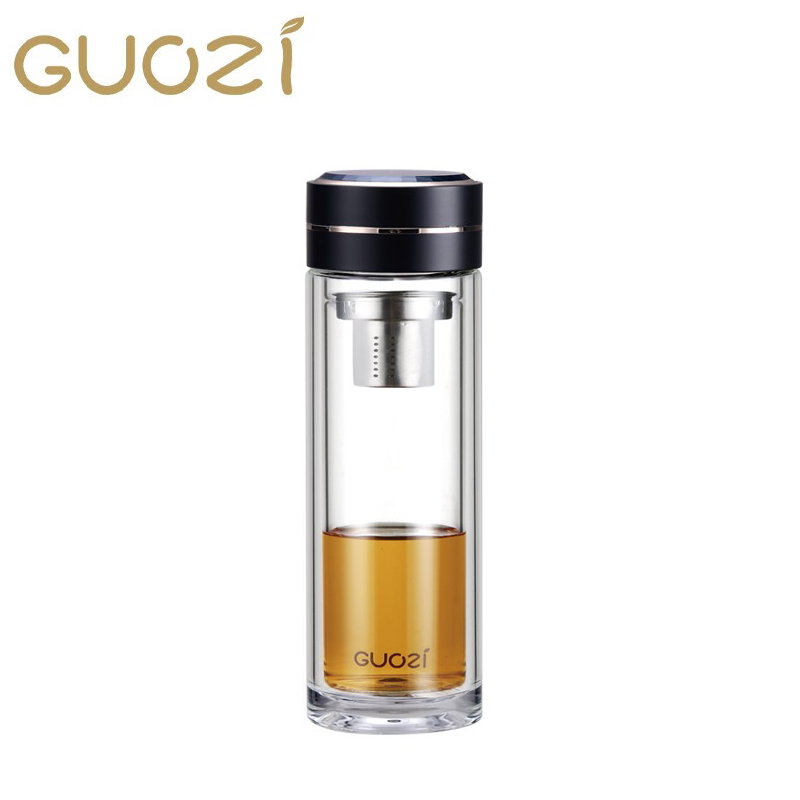 果兹 GZ-S55朗仕双层玻璃杯简约商务风便携式泡茶杯过滤隔热办公水杯冷水杯子320ml