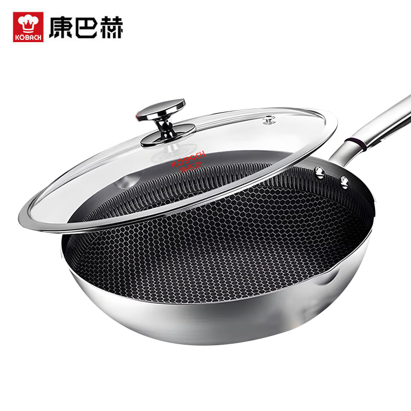 康巴赫（KBH） JCG30D1煎炒两用锅不粘锅316L不锈钢蜂窝不易粘不挑炉灶锅家用炒锅30cm