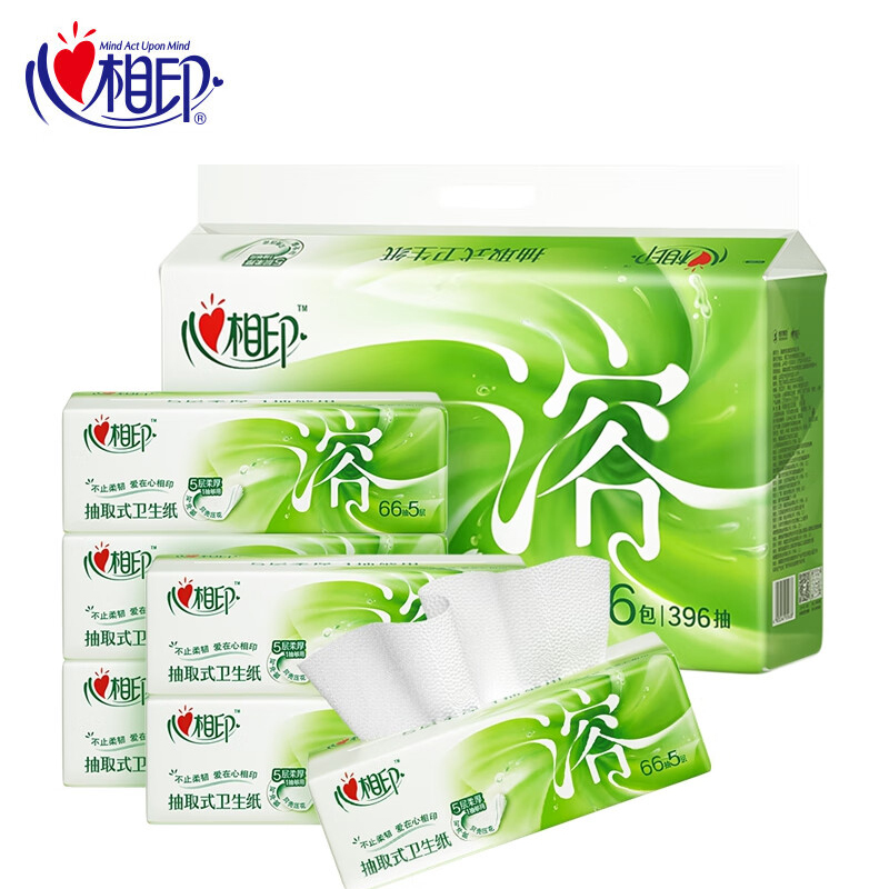 心相印 BDT1066厕所抽取式卫生纸5层66抽*6包纸巾大规格柔厚速溶
