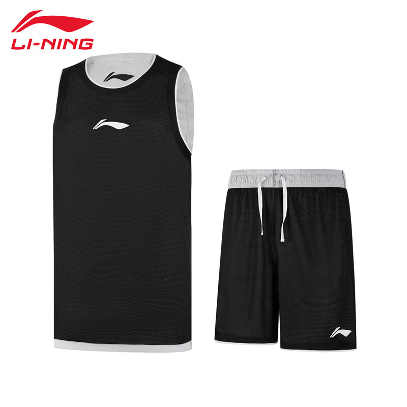 李宁（LI-NING） AATU065-1篮球双面穿舒适透气男款比赛套装黑色L码