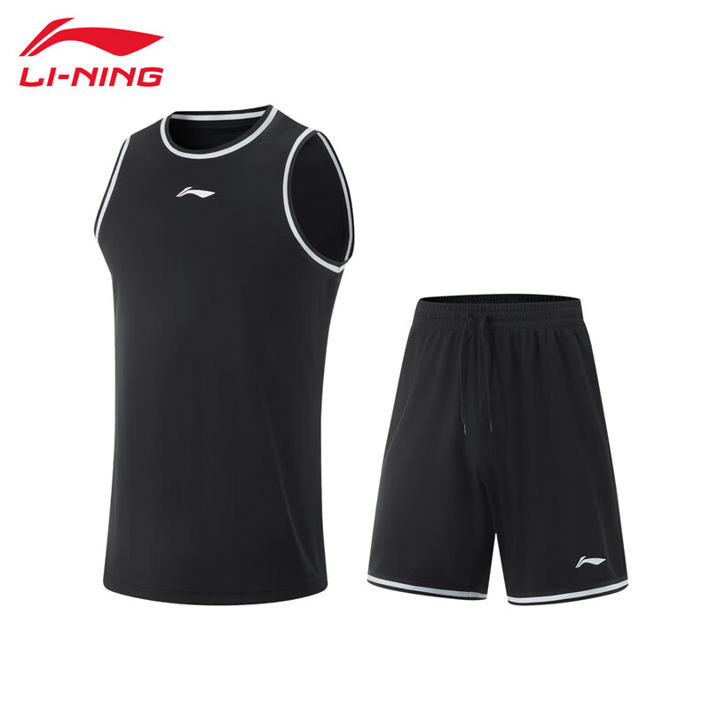 李宁（LI-NING） AATV001-2男士比赛服套装篮球舒适透气运动套装黑色/黑白织带5XL码