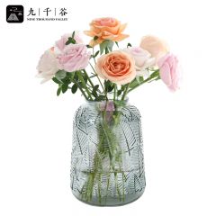 九千谷 树叶浮雕玻璃花瓶 玫瑰花富贵竹玻璃插花器酒店玄关客厅餐厅装饰摆件大号-灰色4801