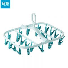 茶花（CHAHUA）塑料折叠方形晾衣架 中号  绿色 1个 【16夹折叠款】