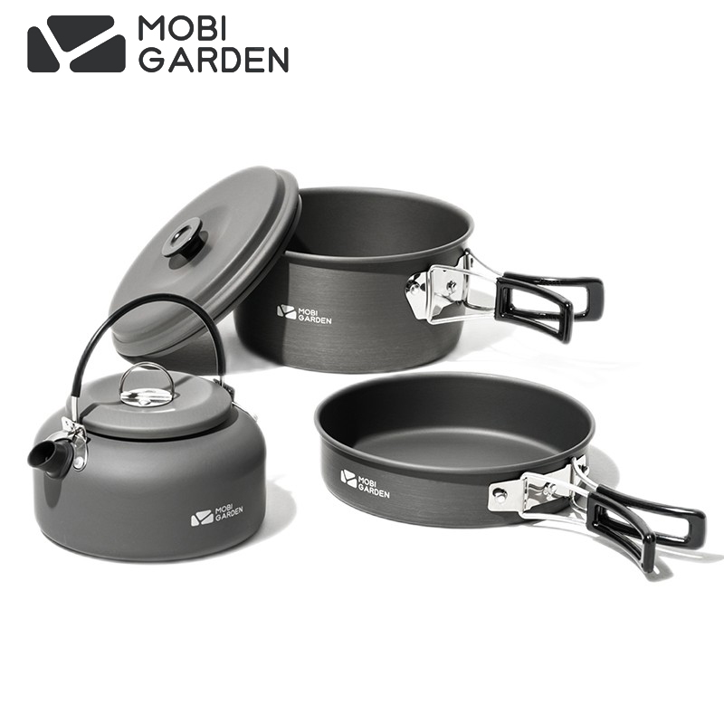 牧高笛（MOBIGARDEN） NX21666046套锅户外露营便携炊具铝合金煎盘水壶煮面锅极宴2-3人套锅玄铁灰