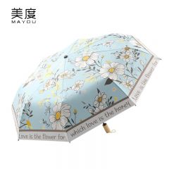 美度（MAYDU） M3332太阳伞女防晒防紫外线晴雨两用黑胶插画遮阳伞实木柄折叠手动8骨香水百合