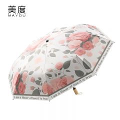 美度（MAYDU） M3332太阳伞女防晒防紫外线晴雨两用黑胶插画遮阳伞实木柄折叠手动8骨玫瑰花语