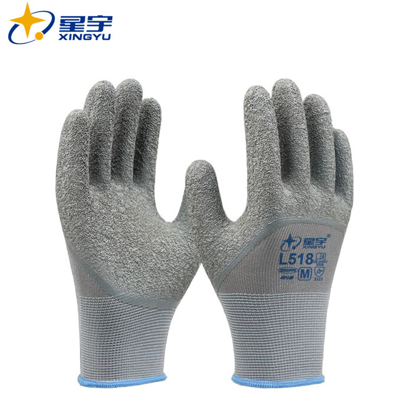 星宇  L518  13针尼龙乳胶皱纹半浸手套 工地工作木工汽修建筑防护手套 12双/包