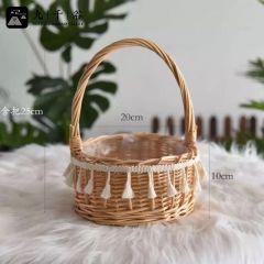 九千谷 1754草编花盆编织花篮大号手提柳编公主花篮插花野餐婚礼装饰用品柳编流苏提篮大号花篮