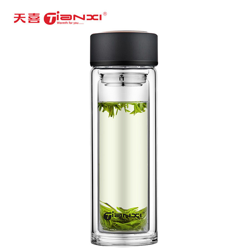 天喜（TIANXI） 玻璃杯双层加厚水杯男女学生带茶隔泡茶养生杯子TBL152-420黑色420ml