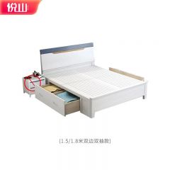 悦山 现代简约白色压纹木床撞色卧室床 不含床垫床头柜 双抽高箱 1800*2000*1060mm