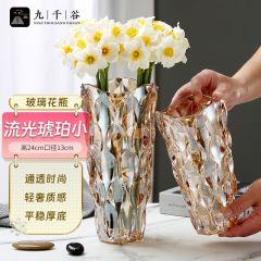 九千谷 2737花瓶玻璃摆件客厅插花富贵竹轻奢高档网红花瓶水养琥珀色花瓶高24cm