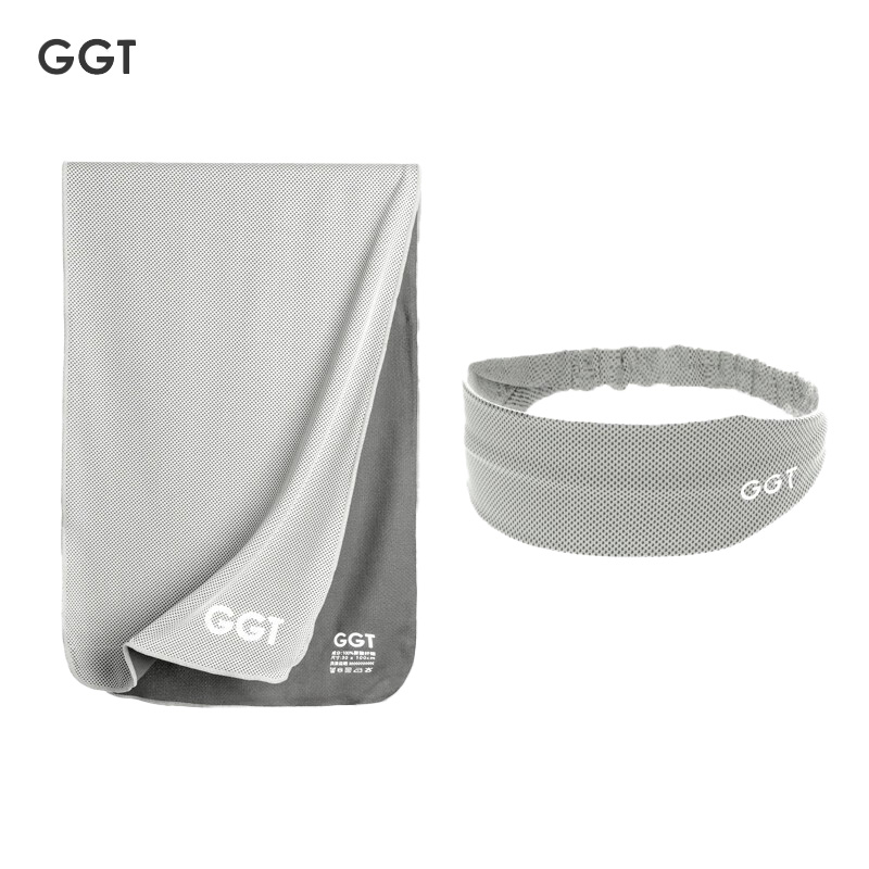 GGT 日本冷感运动毛巾跑步便携速干健身凉爽巾羽毛球腕巾瑜伽擦汗巾银鼠(运动毛巾+头巾)
