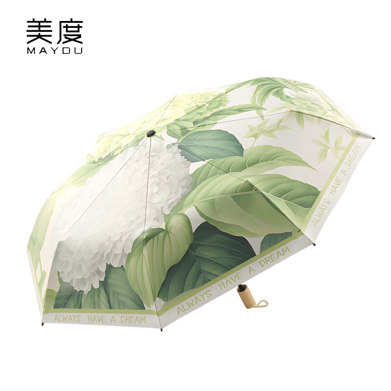 美度（MAYDU） M3332太阳伞女防晒防紫外线晴雨两用黑胶插画遮阳伞实木柄折叠手动8骨白玉晚香