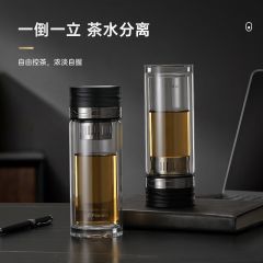 孔雀（Peacock） 茶杯茶水分离杯双层玻璃杯泡茶杯子男士办公水杯便携大容量 黑色 320ml