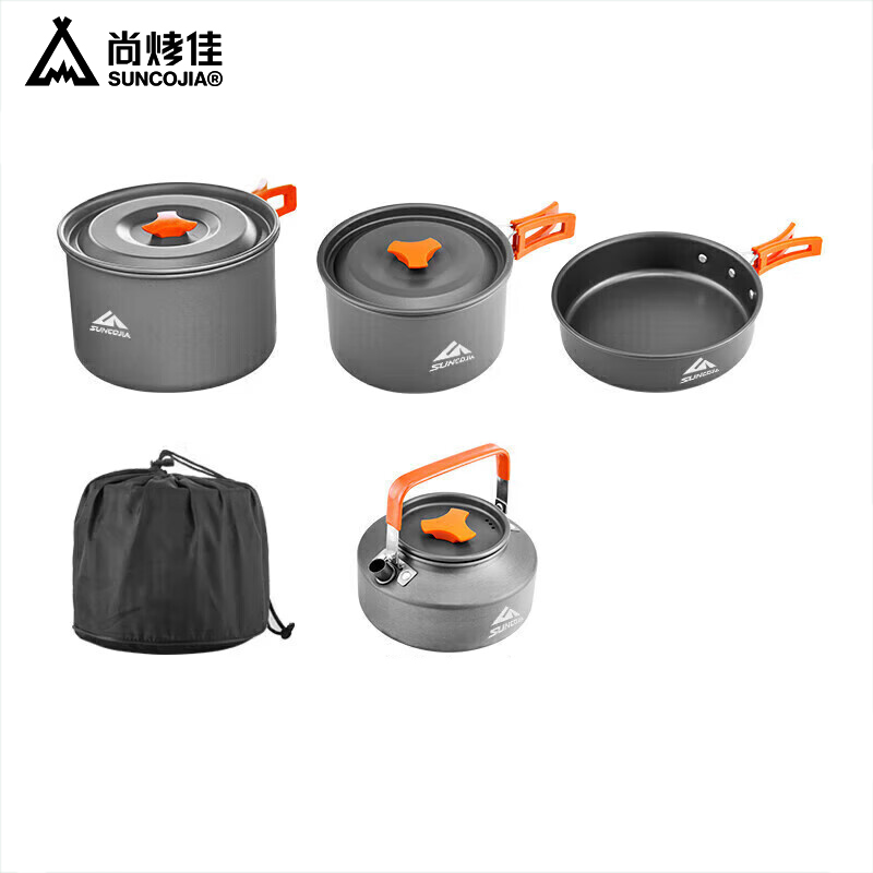 尚烤佳（Suncojia） SKJ-368 四件套 野营套锅 户外锅具 野餐炊具 露营自驾锅具 烧水壶 餐具套装 大号