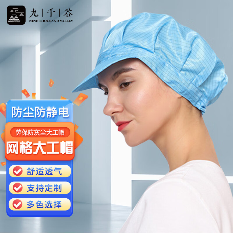 九千谷防静网格电工帽 防尘帽鸭舌男女大工帽防静电帽无尘帽 蓝色 均码