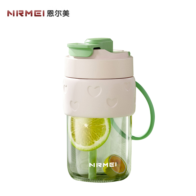 恩尔美（nRMEi） 双饮玻璃杯大容量水杯女高颜值多巴胺学生咖啡杯吸管杯夏季茶杯子心动玻璃杯N700ml绿色B182-700-001