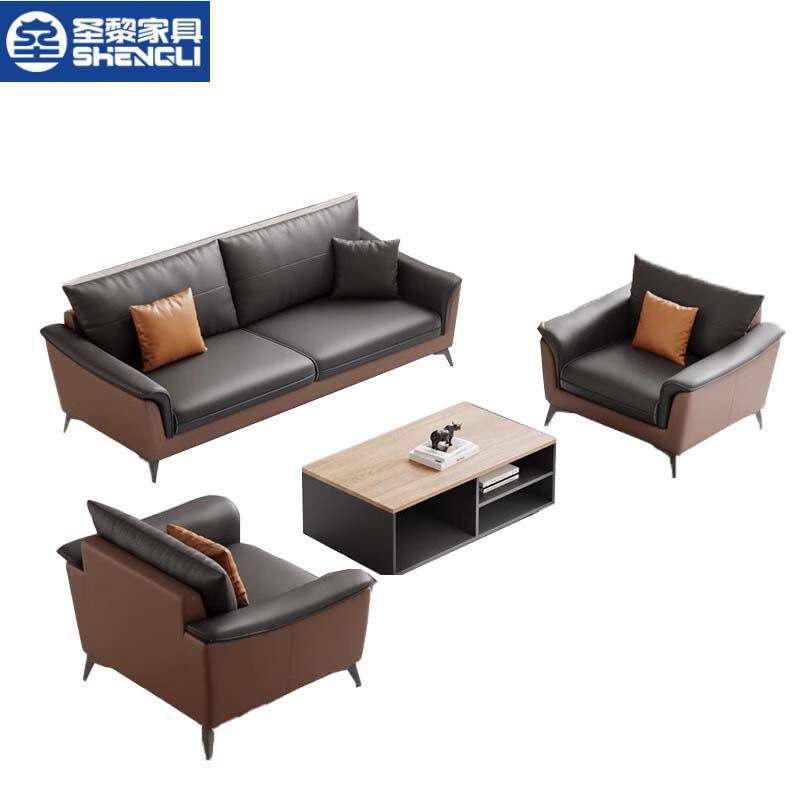 圣黎 办公沙发商务老板接待会客办公室沙发组合  3+1+1+长茶几（牛皮）