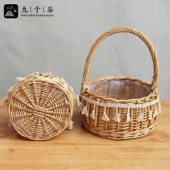 九千谷 1747编花盆柳编公主编织花篮鲜花插花手提手工花篮餐桌客厅摆件柳编流苏提篮中号花篮