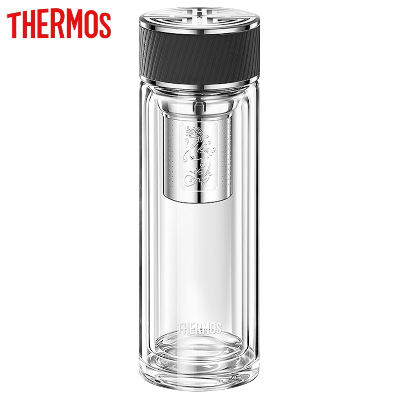 膳魔师（THERMOS） TCGA-400-D-BK玻璃杯双层水杯直身带过滤网商务办公泡茶杯子 400ml黑色