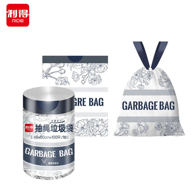 利得  抽绳垃圾袋中号加厚免撕印花系列之蓝色馥郁花开100只45*50cm