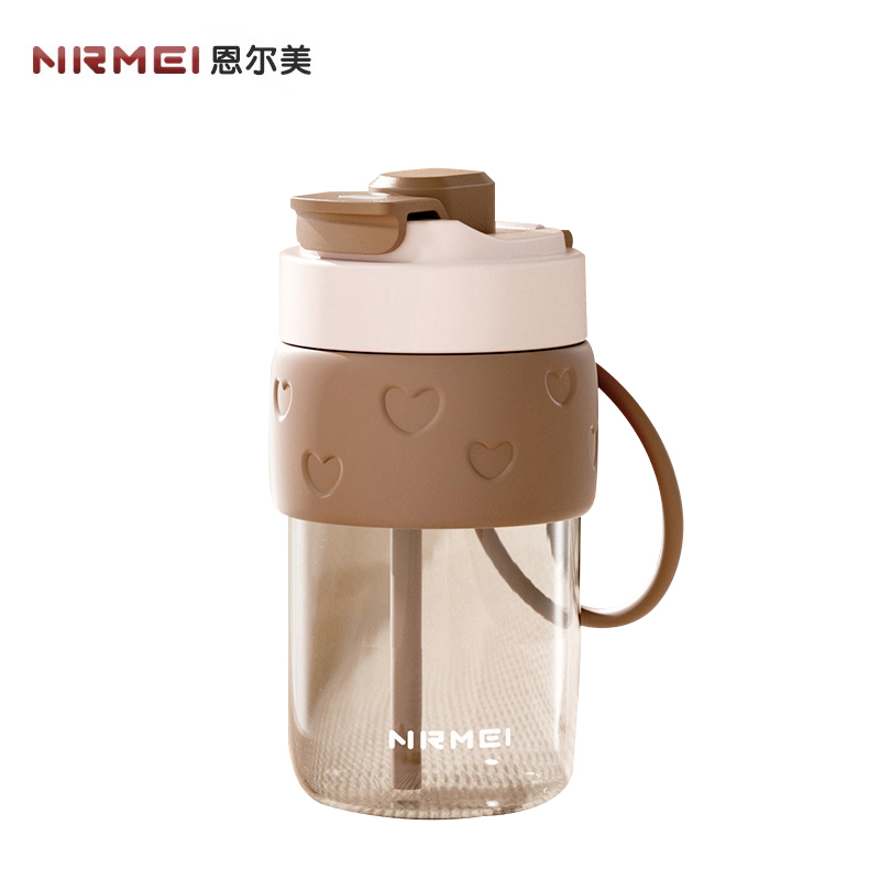 恩尔美（nRMEi） 双饮玻璃杯大容量水杯女高颜值多巴胺学生咖啡杯吸管杯夏季茶杯子心动玻璃杯N700ml咖色B182-700-002