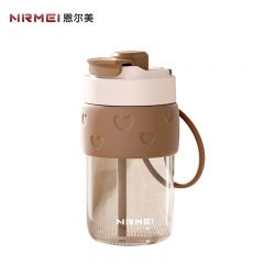 恩尔美（nRMEi） 双饮玻璃杯大容量水杯女高颜值多巴胺学生咖啡杯吸管杯夏季茶杯子心动玻璃杯N700ml咖色B182-700-002