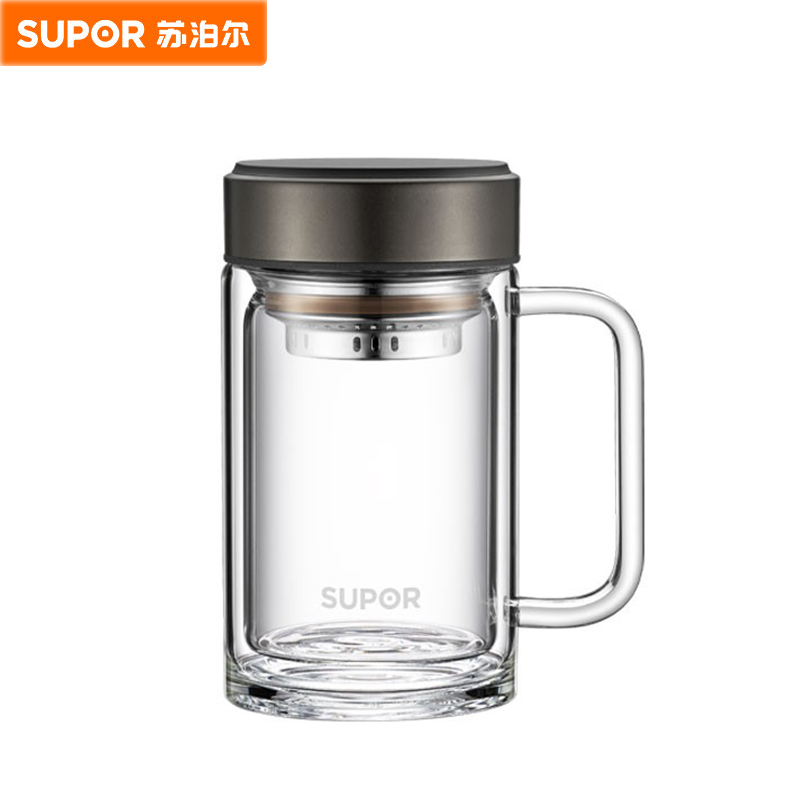苏泊尔（SUPOR） KC45HK10双层玻璃喝泡茶带把男女办公室大容量水杯子450ml乌木黑