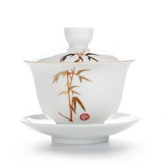 金镶玉 白瓷三才盖碗单个家用大号哑光泡茶杯手抓壶功夫茶具清风竹叶盖碗
