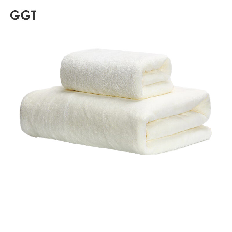 GGT 雪花绒浴巾两件套男女家用高档裹巾吸水速干不掉毛毛巾乳白色