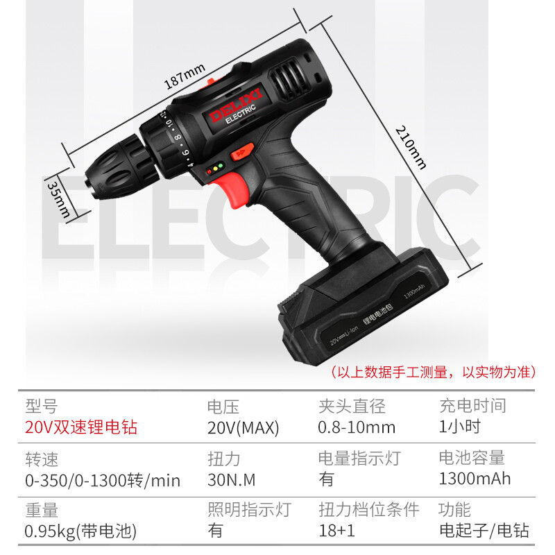 德力西电气（DELIXI ELECTRIC）电钻家用充电多功能手电钻工具套装电动螺丝刀 20V双速锂电钻两电一充