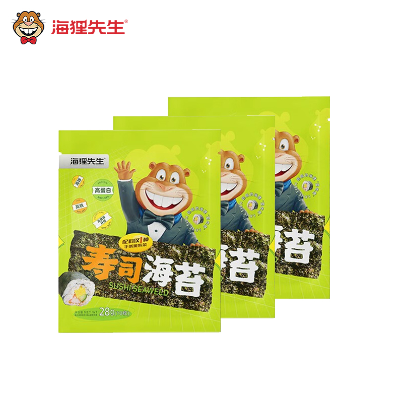 海狸先生 寿司海苔28g*3 (送竹帘) 紫菜包饭韩式家庭食材工具大片烤海苔