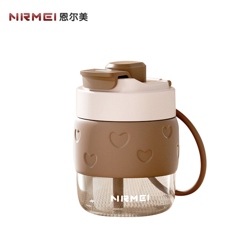 恩尔美（nRMEi） 双饮玻璃杯大容量水杯女高颜值多巴胺学生咖啡杯吸管杯夏季茶杯子心动玻璃杯N420ml咖色B182-420-002