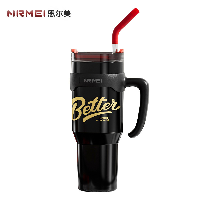 恩尔美（nRMEi） G230-1300-001巨无霸保温杯大容量316不锈钢女士高颜值桌面吸管冰霸保温水杯 黑色1300ml【一杯双饮】