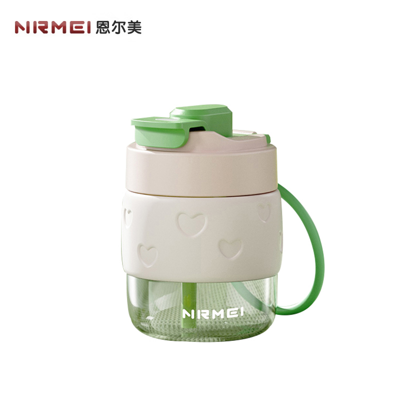 恩尔美（nRMEi） 双饮玻璃杯大容量水杯女高颜值多巴胺学生咖啡杯吸管杯夏季茶杯子心动玻璃杯N420ml绿色B182-420-001